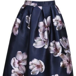 Dark Floral Garden Pleated Midi Skirt